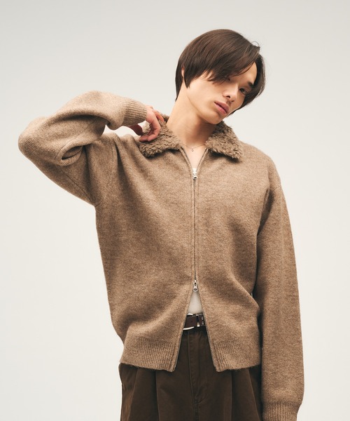 Adoon plain セーター ニット Faux Fur Collar Double Zip Knit