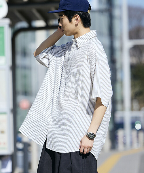 JOURNAL STANDARD＿ストライプクリレックシャツ ドレスシャツ シアサッカー クレリックシャツ ワイドカラー ネイビー