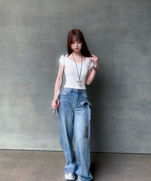 VEILA ジーンズ デニム デニムパンツ ラインストーンリボンベルト