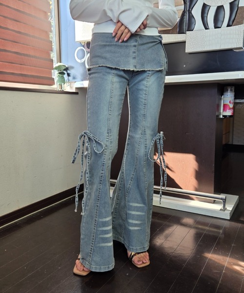 ワイドパンツ ジーンズ デニム デニムパンツ 「2WAY」サイドリボン