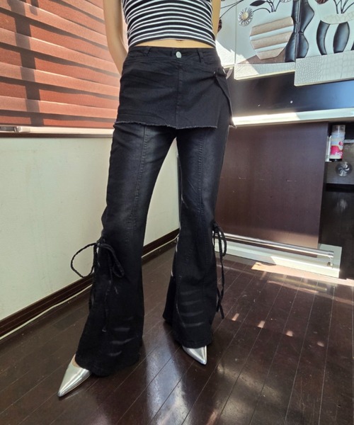 ワイドパンツ ジーンズ デニム デニムパンツ 「2WAY」サイドリボン