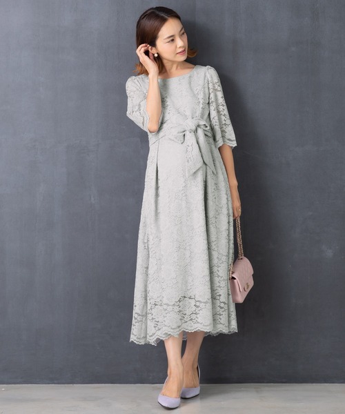 マタニティドレス　結婚式　SWEET MOMMY グレー レース ロングドレス SweetMommy(授乳服&マタニティ) マタニティ 総レース クラシック