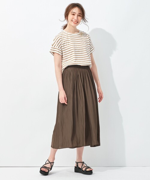 tシャツ 「洗える/UVケア」ボーダー タックデザインカットソー レディース 自由区 tシャツ 「洗える/UVケア」ボーダー タックデザイン