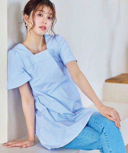 Tiaclasse ブラウス シャツ 「洗える」ストライプフレアスリーブ