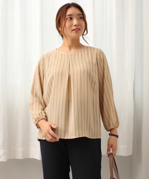 L〜5L 接触冷感 ストライプ きれいめ ブラウス 大きいサイズ レディース 夏物 半袖 5分袖fleur by mint breeze フルール バイ ミントブリーズ  wc20fa2507 MB mint breeze L〜5L 接触冷感 ストライプ きれいめ ブラウス