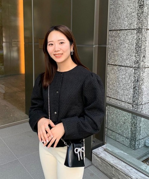 【More】ブラックノーカラージャケット ツイードジャケット Fit more（フィットモア） ジャケット ノーカラージャケット