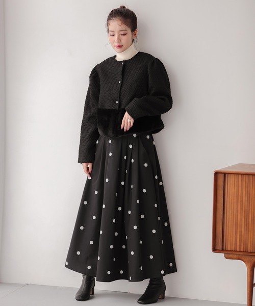 【More】ブラックノーカラージャケット ツイードジャケット Fit more（フィットモア） ジャケット ノーカラージャケット