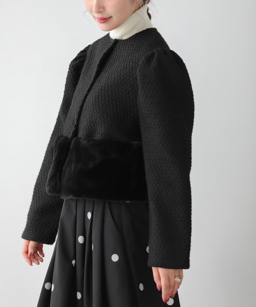 【More】ブラックノーカラージャケット ツイードジャケット Fit more（フィットモア） ジャケット ノーカラージャケット