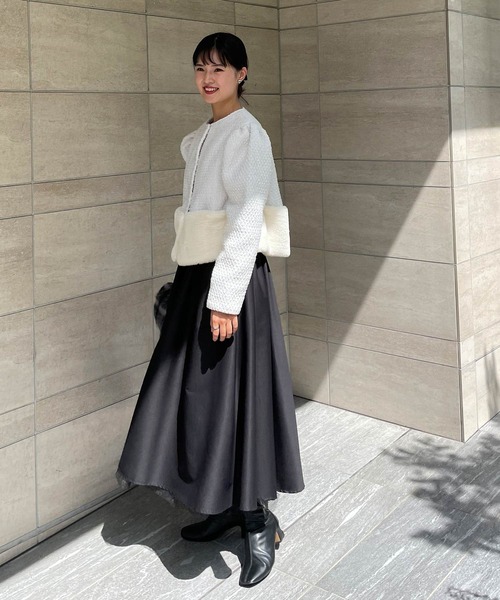 【More】ブラックノーカラージャケット ツイードジャケット Fit more（フィットモア） ジャケット ノーカラージャケット