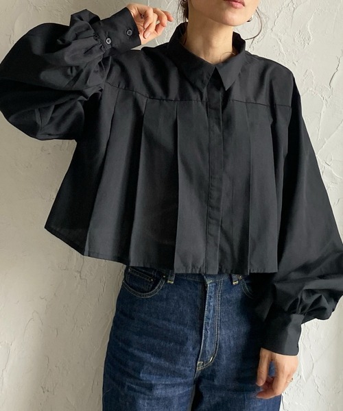 ブラウス シャツ ボリュームスリーブタックブラウス レディース ブラウス シャツ tuck volume sleeve blouse /ノーカラー タック