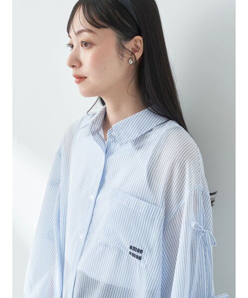 シャツ ブラウス 袖スリットリボンロングシャツ レディース : 83110561 