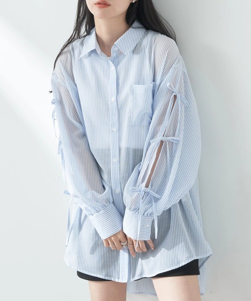 シャツ ブラウス 袖スリットリボンロングシャツ レディース : 83110561 