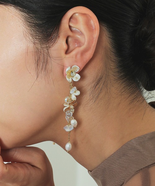 Kana パール ピアス フラワー ビーズ パール ミックス ロングピアス