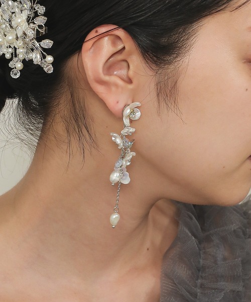 Kana ピアス フラワー ビーズ パール ミックス ロングピアス 結婚式