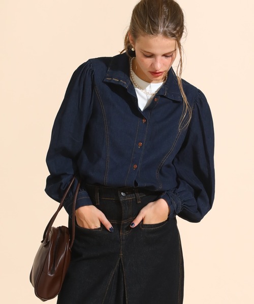 SINME ハイネック デニムシャツ ブラウス ブラウス シャツ ボタンハイネックデニムシャツ レディース : ZOZOTOWN