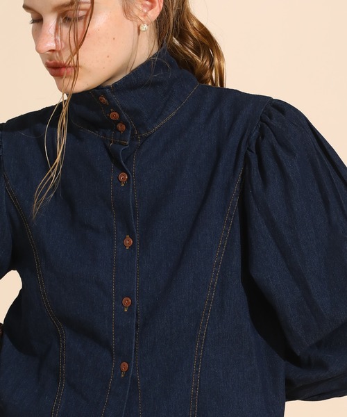 SINME ハイネック デニムシャツ ブラウス ブラウス シャツ ボタンハイネックデニムシャツ レディース : ZOZOTOWN
