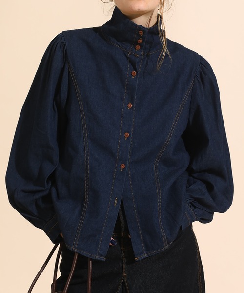 ブラウス シャツ ボタンハイネックデニムシャツ レディース : ZOZOTOWN 