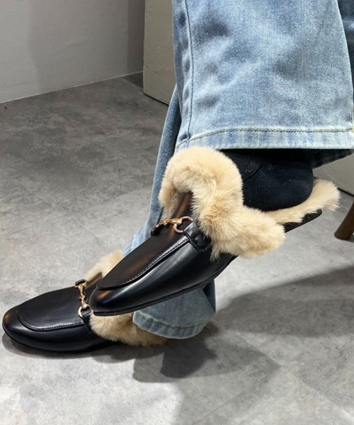 ローファー ファー付きローファーサンダル レディース