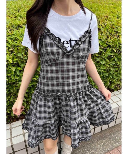 2WAYキャミフリルミニワンピース WC ワンピース 「2way」フリル切替チェックキャミワンピース