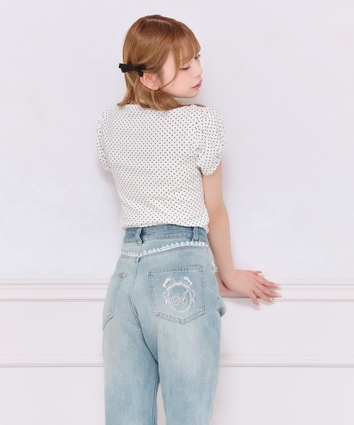 レースロゴ刺繍フレアデニムパンツ　23 新品 apres jour（アプレジュール） ジーンズ デニム デニムパンツ バック