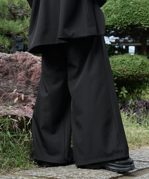 バギースラックス ワイドフレア モード 黒 古着 狐独 ワイドパンツ スラックス スモークプリントバギースラックス