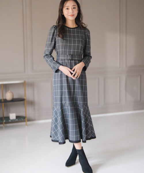 ★麻混合 XL★   ウィンドウペンチェック グレー MISCH MASCH（ミッシュマッシュ） ワンピース ウィンドペンチェック