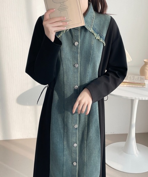 ④ブラックデニム×異素材パッチワーク　ロングジップワンピースコート／一点限 ABITOKYO（アビトーキョー） ワンピース 異素材デニムドッキング