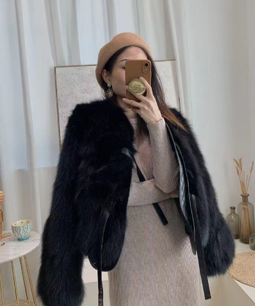 コート アウター ノーカラー ショート丈 フェイクファーコート