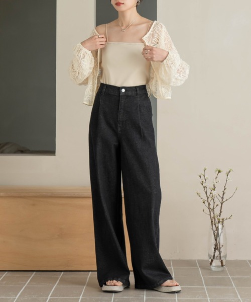 ジーンズ デニム デニムパンツ タックワイドデニムパンツ レディースの画像