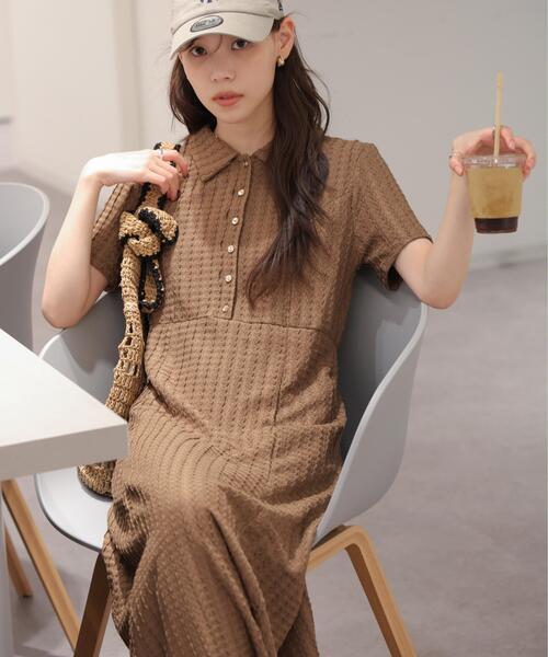 ワンピース 金ボタンカットジャガードポロワンピースの画像