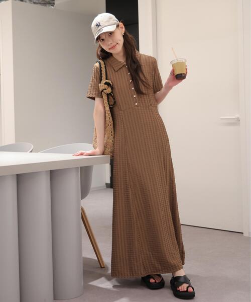 ワンピース 金ボタンカットジャガードポロワンピースの画像