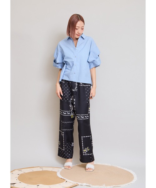 パッチワーク風 プリント　ワイドパンツ リネンカジュアルパンツ LHELBIE（レルビエ） ワイドパンツ パンツ パッチワークプリント