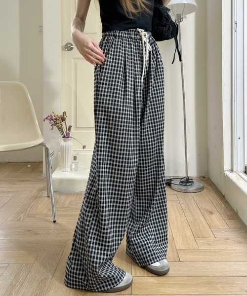 Ada. ワイドパンツ パンツ ギンガムチェックストレートワイドパンツ