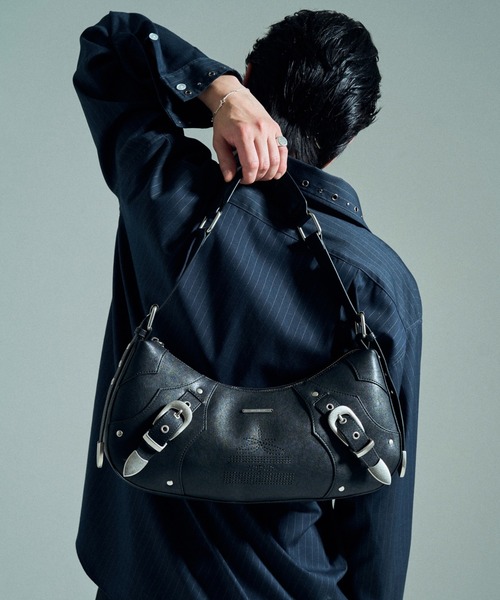 CD黒いハンドバッグ Camphor wood ショルダーバッグ FAUX LEATHER BELT BUCKLE WESTERN BAG