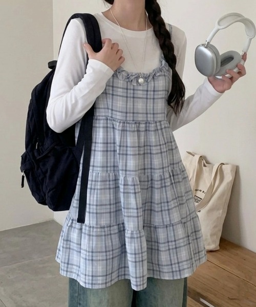 HAILY キャミソール フリルネックチェック柄ティアードキャミ