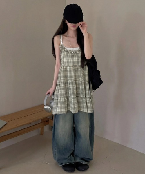 HAILY キャミソール フリルネックチェック柄ティアードキャミ