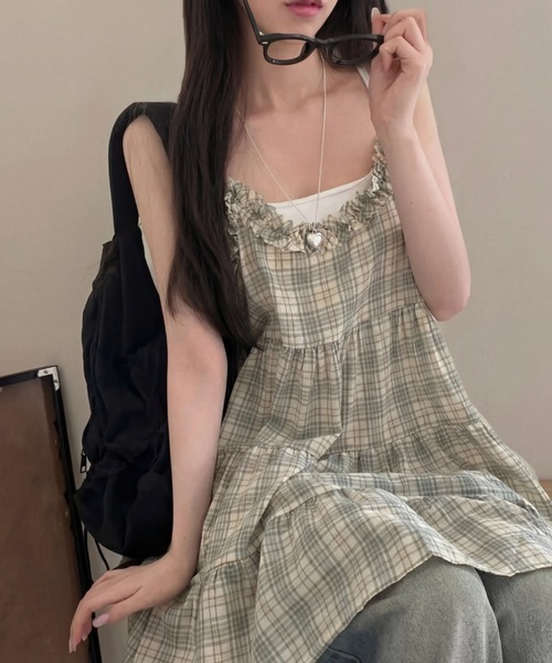 HAILY キャミソール フリルネックチェック柄ティアードキャミ