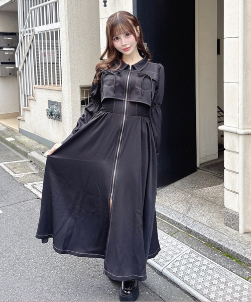 レイヤードフロントジップワンピース　黒 one way（ワンウェイ） パーティードレス ワンピース ロングレイヤード