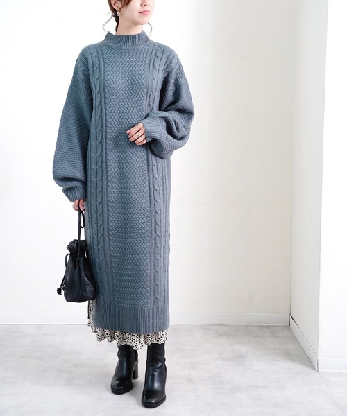 Fizz（フィズ） ワンピース ボリュームスリーブ ハイネックケーブル