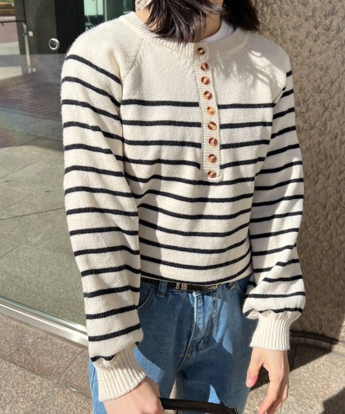 ニット セーター ボーダーヘンリーネックニット レディース : ZOZOTOWN