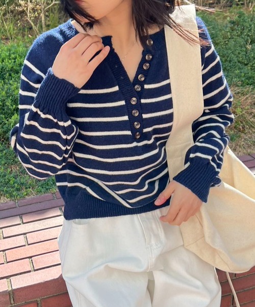 ニット セーター ボーダーヘンリーネックニット レディース : ZOZOTOWN