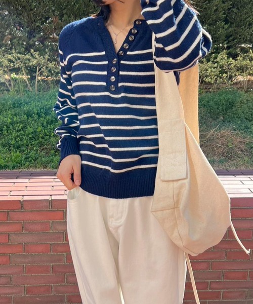 ニット セーター ボーダーヘンリーネックニット レディース : ZOZOTOWN