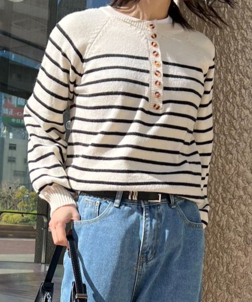 ニット セーター ボーダーヘンリーネックニット レディース : ZOZOTOWN