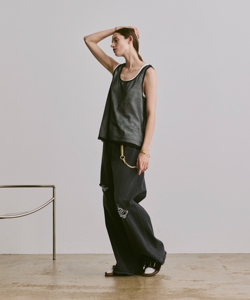 【激レア】SOERTE/ソエルテ 襟付 ノースリーブ/セットアップ ワイドパンツ soerte タンクトップ sleeveless cut and sewn (mesh