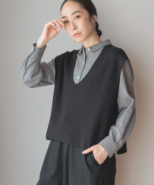 美品✨24SS　エストネーション ミラノリブジレ　ベスト　ネイビー　フリーサイズ Re:EDIT ベスト ジレ ミラノリブAラインフレアニットベスト