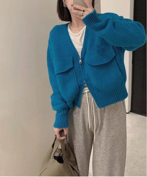 bibiy ジッパーニットカーディガン 未使用 Bibiy ビビィ ANGELIQUE KNIT 異素材ドッキング 袖リボン 長袖