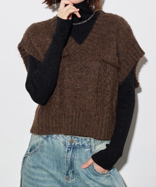 ベスト ジレ ポケットデザインケーブルニットベスト レディース