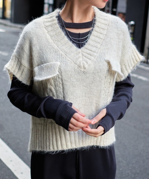 ベスト ジレ ポケットデザインケーブルニットベスト レディース ベスト ジレ ポケットデザインケーブルニットベスト レディース