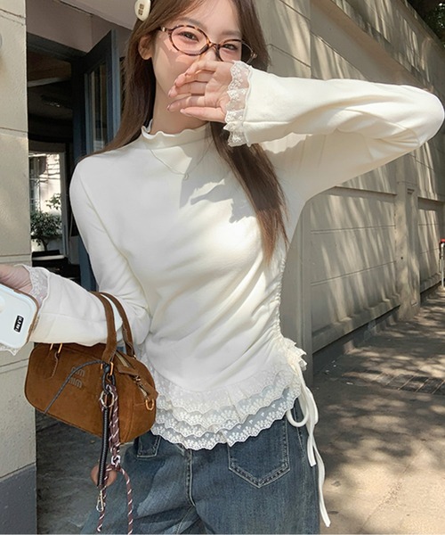 tシャツ フリルレースシャーリングリボントップス レディース