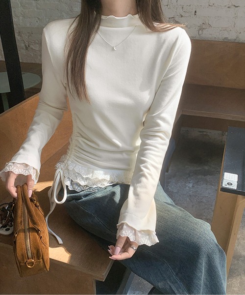 tシャツ フリルレースシャーリングリボントップス レディース tシャツ フリルレースシャーリングリボントップス レディース